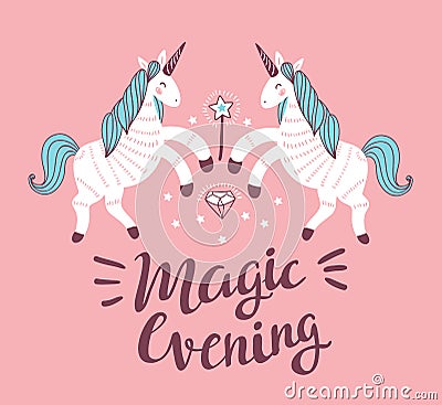 Vector poster with unicorns on the pink background. Fantasy childish card design. Vector Illustration
