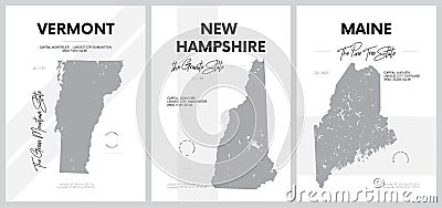 Vector posters with highly detailed silhouettes of maps of the states of America, Division New England - Vermont, New Hampshire, Vector Illustration