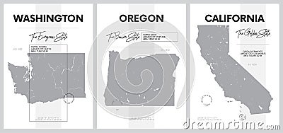 Vector posters with highly detailed silhouettes of maps of the states of America, Division Pacific - Washington, Oregon, Vector Illustration