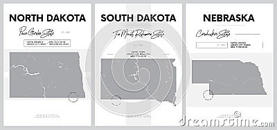 Vector posters with highly detailed silhouettes of maps of the states of America, Division West North Central - North Dakota, Vector Illustration