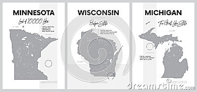 Vector posters with highly detailed silhouettes of maps of the states of America, The Great Lakes region - Minnesota, Wisconsin, Vector Illustration