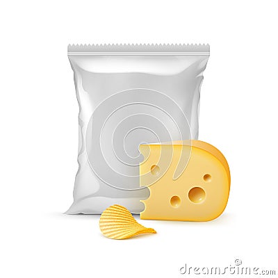 Vector Potato Ripple Crispy Chips with Cheese and Vertical Sealed Empty Plastic Foil Bag for Package Design Vector Illustration