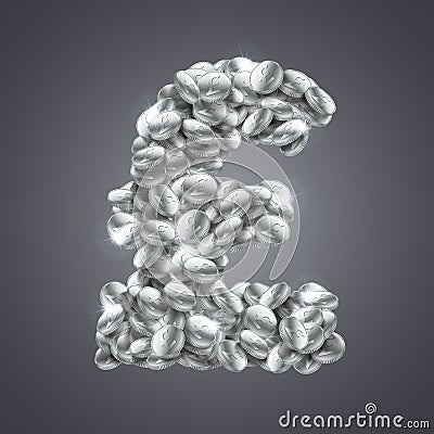 Vector pound sterling sign made of great amount of silver coins. Vector Illustration