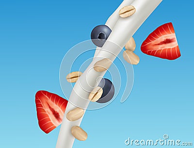 Vector pouring milk or yoghurt with falling strawberries, blueberries and oats - healthy snack, breakfast Vector Illustration