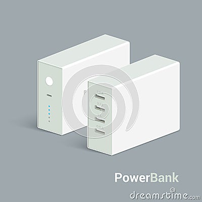Vector powerbank icon on white background. Isometric view. Flat style design. Charging device. Vector Illustration