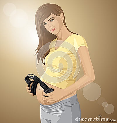 Vector Pregnant Woman With Headphones Vector Illustration