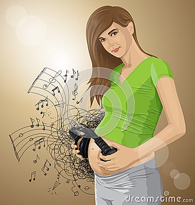 Vector Pregnant Woman With Headphones Vector Illustration