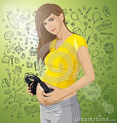 Vector Pregnant Woman With Headphones Vector Illustration