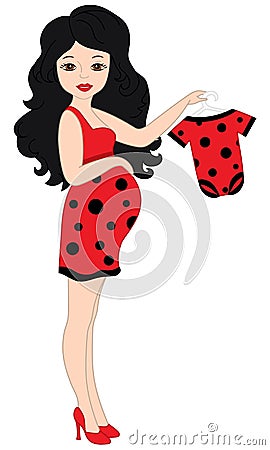 Vector Pregnant Woman in Red Dress with Ladybug Pattern Holding a Bodysuit. Vector Illustration