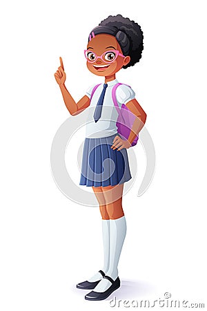 Vector pretty African schoolgirl got idea and finger pointing up. Vector Illustration