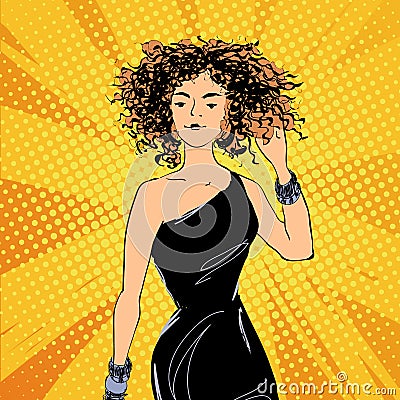 Vector pretty jazz style woman in a black dress with curly hair, comics style fashion illustration. Vector Illustration