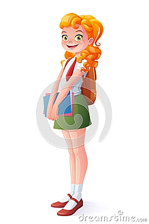 Vector pretty smiling school student redhead girl standing with books. Vector Illustration