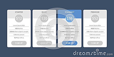 Vector pricing table for websites and applications Vector Illustration