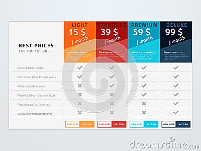 Vector pricing table template. Template with four pricing types Vector Illustration