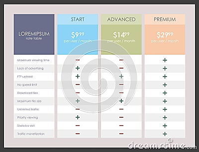 Vector pricing table for websites. Vector Illustration