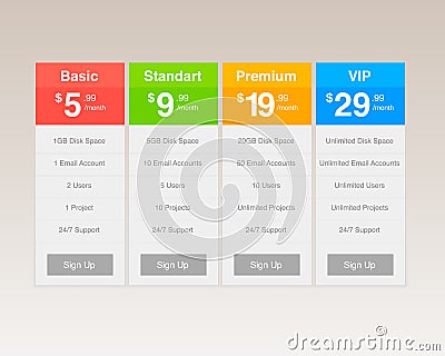 Vector Pricing Tables Vector Illustration