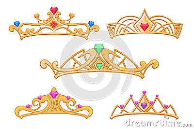 Vector princess crowns, tiaras with gems cartoon set Vector Illustration