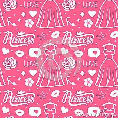 Vector Princess seamless pattern style. White hand drawing dress, inscription, flower, kiss and shoe. Pink girl surface Vector Illustration