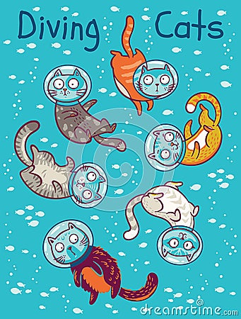 Vector print with cats in ocean Vector Illustration