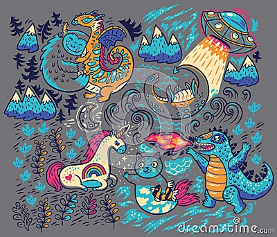Vector print with fantastic creatures Vector Illustration