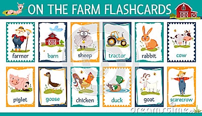 Flashcards with cartoon farm animals and barn, tractor, farmer Stock Photo