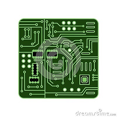 Vector printed circuit Board on a white isolated background. Green variant with a heart. Cartoon Vector Illustration