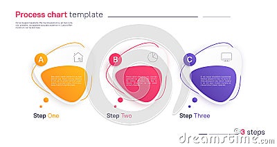 Vector process chart infographic template in the form of horizontal row composed of triangular rounded shapes. Three Vector Illustration