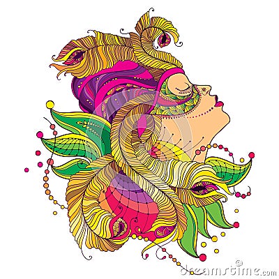 Vector profile girl face in carnival mask with outline golden peacock feathers, ornate collar and beads isolated on white back. Vector Illustration