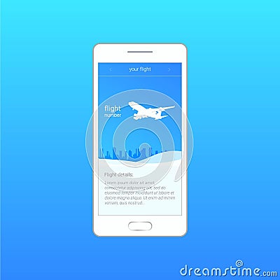 Vector program. Flight, plane over the city, the schedule, the flight number. Mobile app Stock Photo
