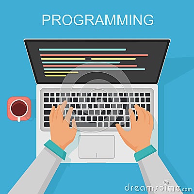 Vector programming, coding web development concept. Programmer top view with screen code. Vector Illustration