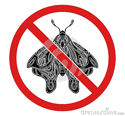 Vector prohibited badge with black silhouette of moth. Danger to be bite. Forbidden sticker monochrome butterfly clipart Vector Illustration