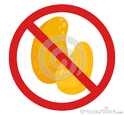 Vector prohibition sign with mango. Do not pluck tropical fruits. Allergy danger. The product does not contain mango. Forbidden Vector Illustration