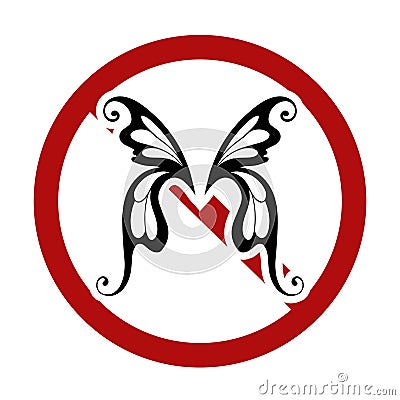 Vector prohibition sign with silhouette of butterfly wings. Insects are banned. Sticker for dichlorvos. Black silhouette wings in Vector Illustration