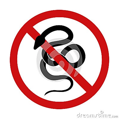 Vector prohibition sign with snake silhouette. Danger of a poisonous bite. Do not touch wild animals. Boa constrictor in forbidden Vector Illustration