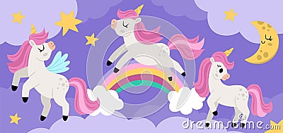 Vector purple background with unicorns, rainbow, clouds, stars. Magic or fantasy world scene. Fairytale horizontal landscape for Vector Illustration