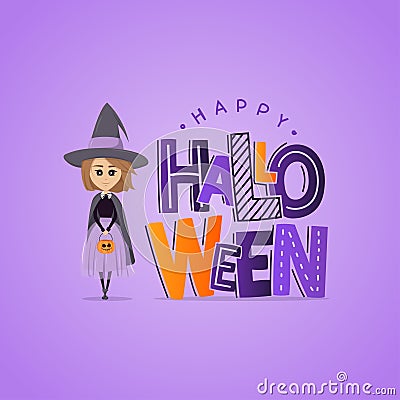 Vector purple greeting card for Halloween. Lettering and little witch with pumpkin Vector Illustration