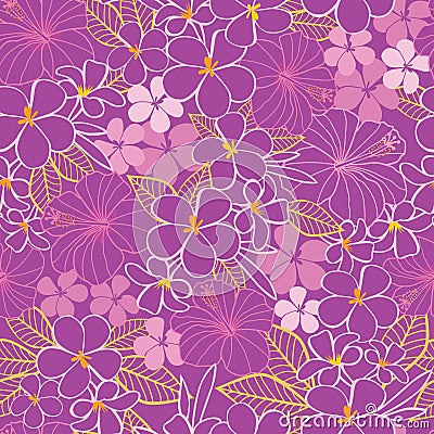 Vector purple and pink tropical flowers hibiscus and frangipani seamless pattern background. Perfect for fabric, scrapbooking, Stock Photo