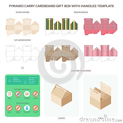 Vector pyramid style carry cardboard gift box with handles templates set Vector Illustration