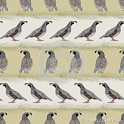 Vector Quail Birds and Pine Boughts on Beige Gold Stripes Seamless Repeat Pattern. Background for textile, book covers Vector Illustration