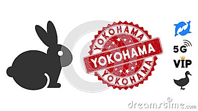 Rabbit Icon with Grunge Yokohama Stamp Vector Illustration