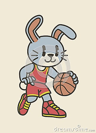Rabbit Mascot Playing Basketball Vintage Isolated Stock Photo