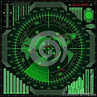 Vector radar screen with world map, targets and futuristic user interface Vector Illustration
