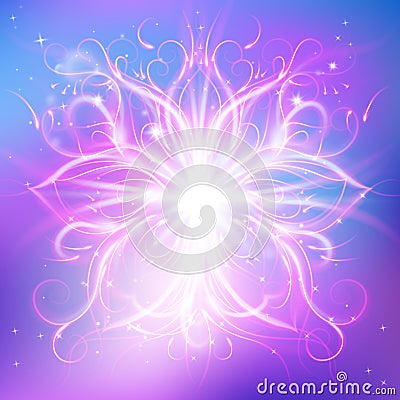 Vector radiant spiritual flower with rays of light, Magic flower, enlightenment or meditation and universe, magic scene, Vector Illustration