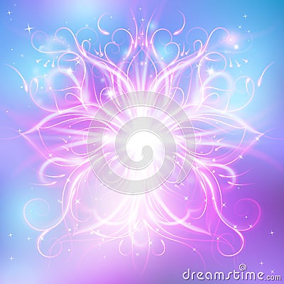 Vector radiant spiritual flower with rays of light, Magic flower, enlightenment or meditation and universe, magic scene, Vector Illustration