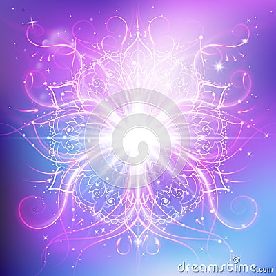 Vector radiant spiritual flower with rays of light, Magic flower, enlightenment or meditation and universe, magic scene, Vector Illustration