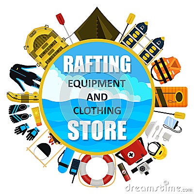 Vector rafting equipment and clothing store emblem Vector Illustration