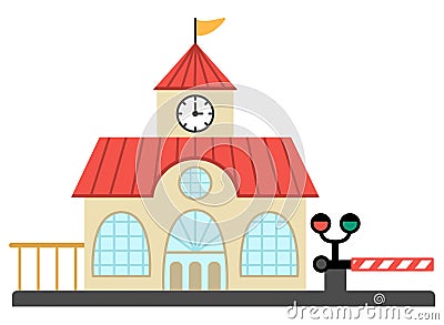 Vector railway station icon. Railroad train waiting building with clock tower, semaphore and barrier. City or countryside Vector Illustration