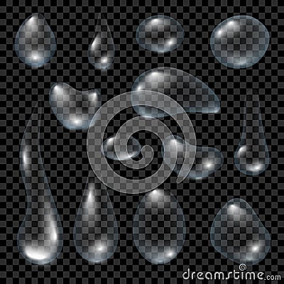 Vector rain drop set. Clear water drops isolated on transparent background Vector Illustration