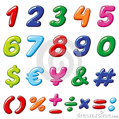 Vector rainbow candy numbers and glossy funny cartoon children alphabet symbols Vector Illustration