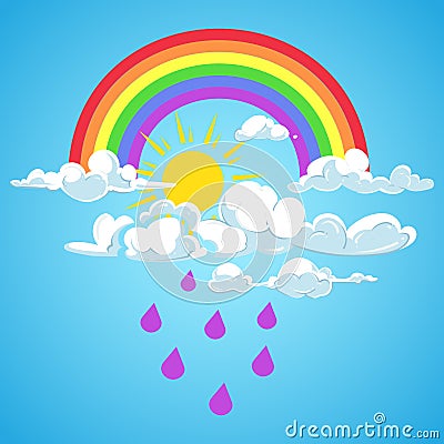 Vector rainbow and clouds with falling rain blue sky Vector Illustration